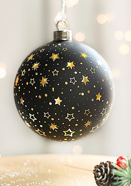 Skleněná svítící koule s časovačem na zavěšení,průměr 12 cm, černá,na 3  baterie (v balení) | Vánoční dekorace